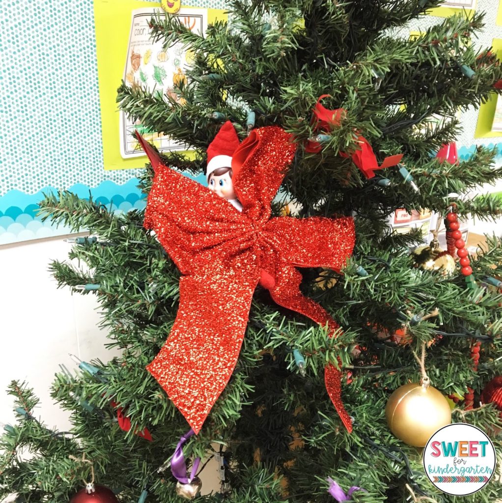 Elf on the Shelf in the classroom Christmas tree