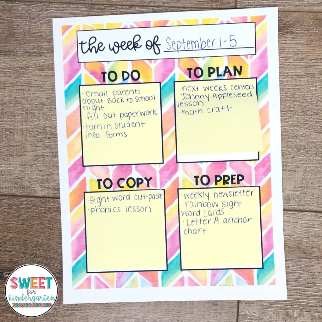 Image of weekly planning page for teacher classroom organization.