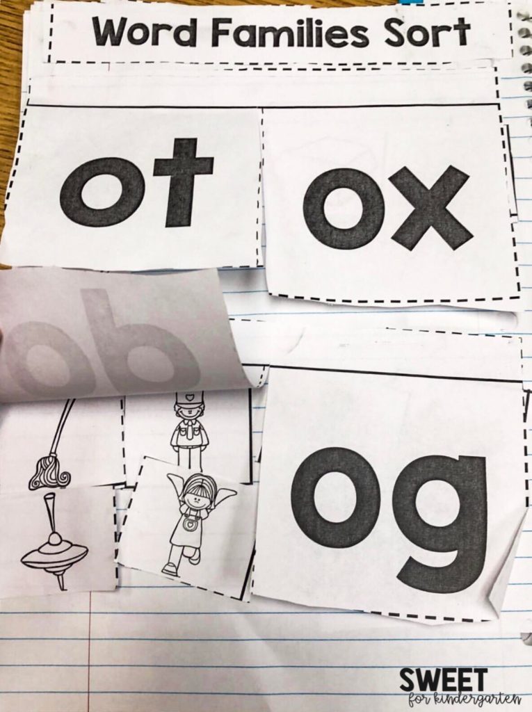 Completed page of word families sort