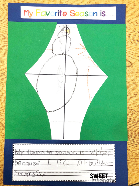 Kindergarten Writing Skills Progression- My Favorite Season Writing Prompt and Craft. 