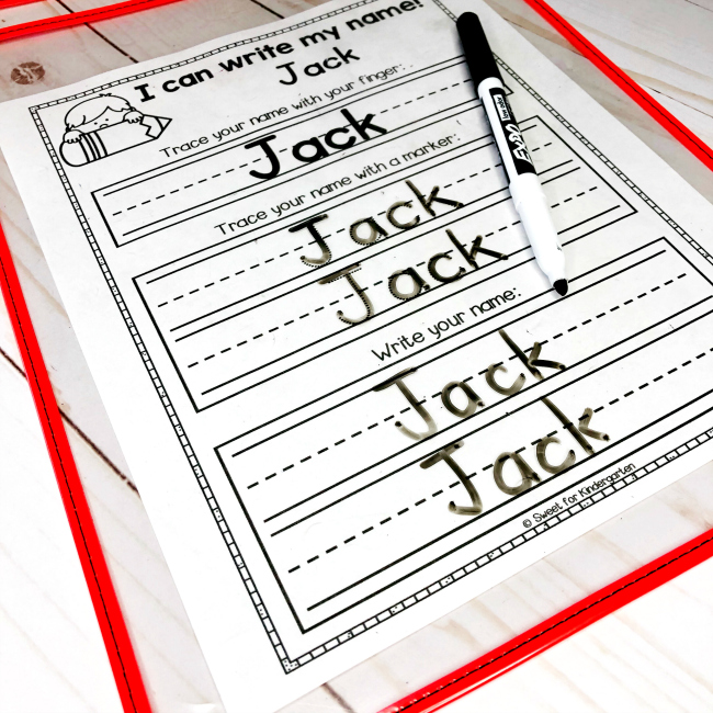 Kindergarten Writing Skills Progression- Name writing practice page using a  dry erase marker