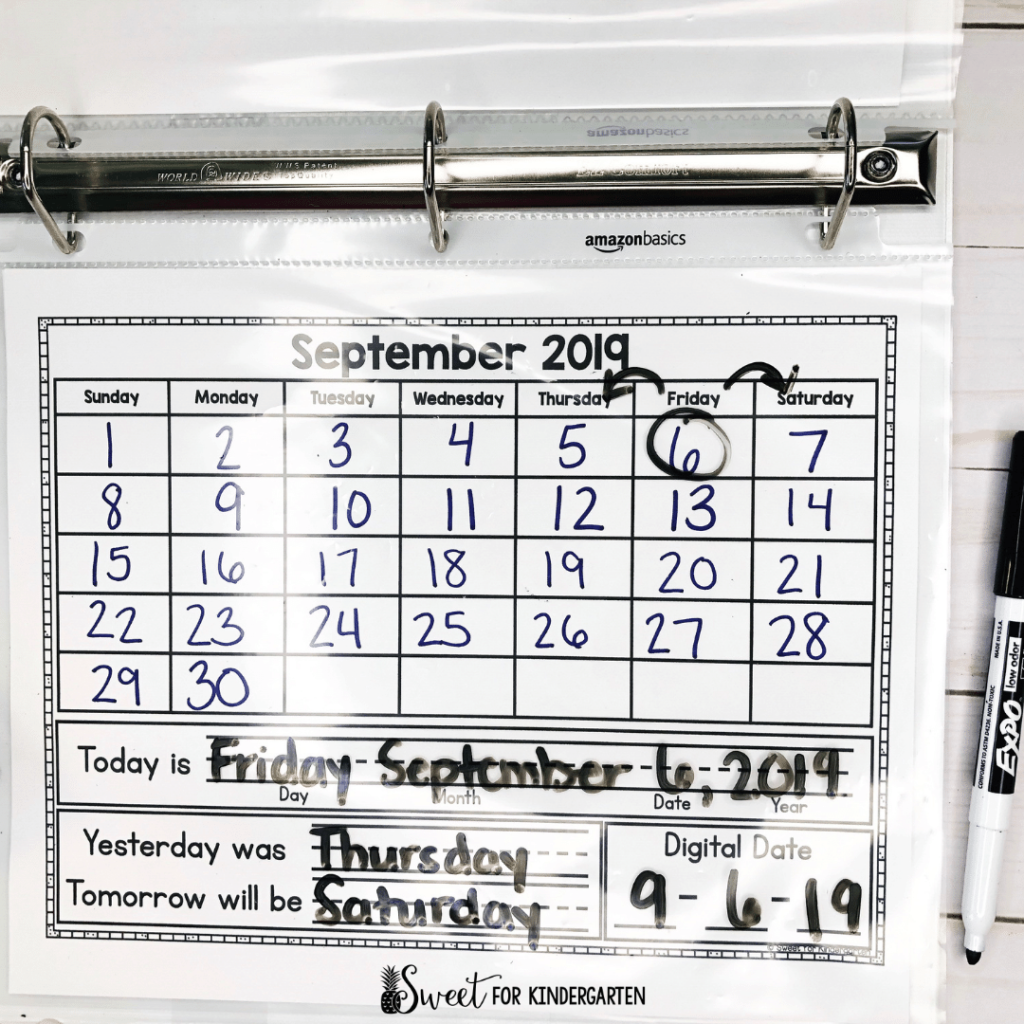 Calendar time page for Kindergarten