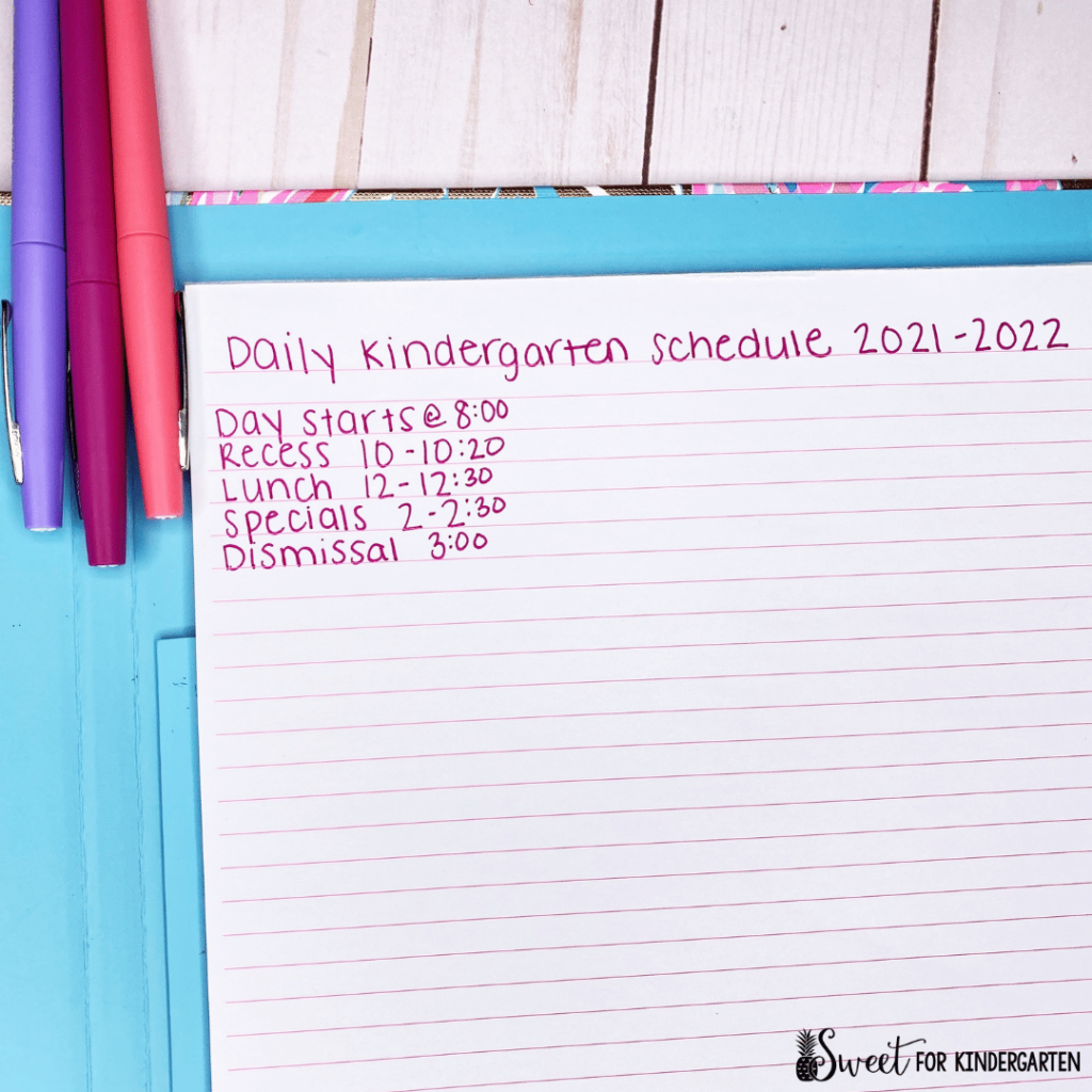 Daily Kindergarten schedule with times written in