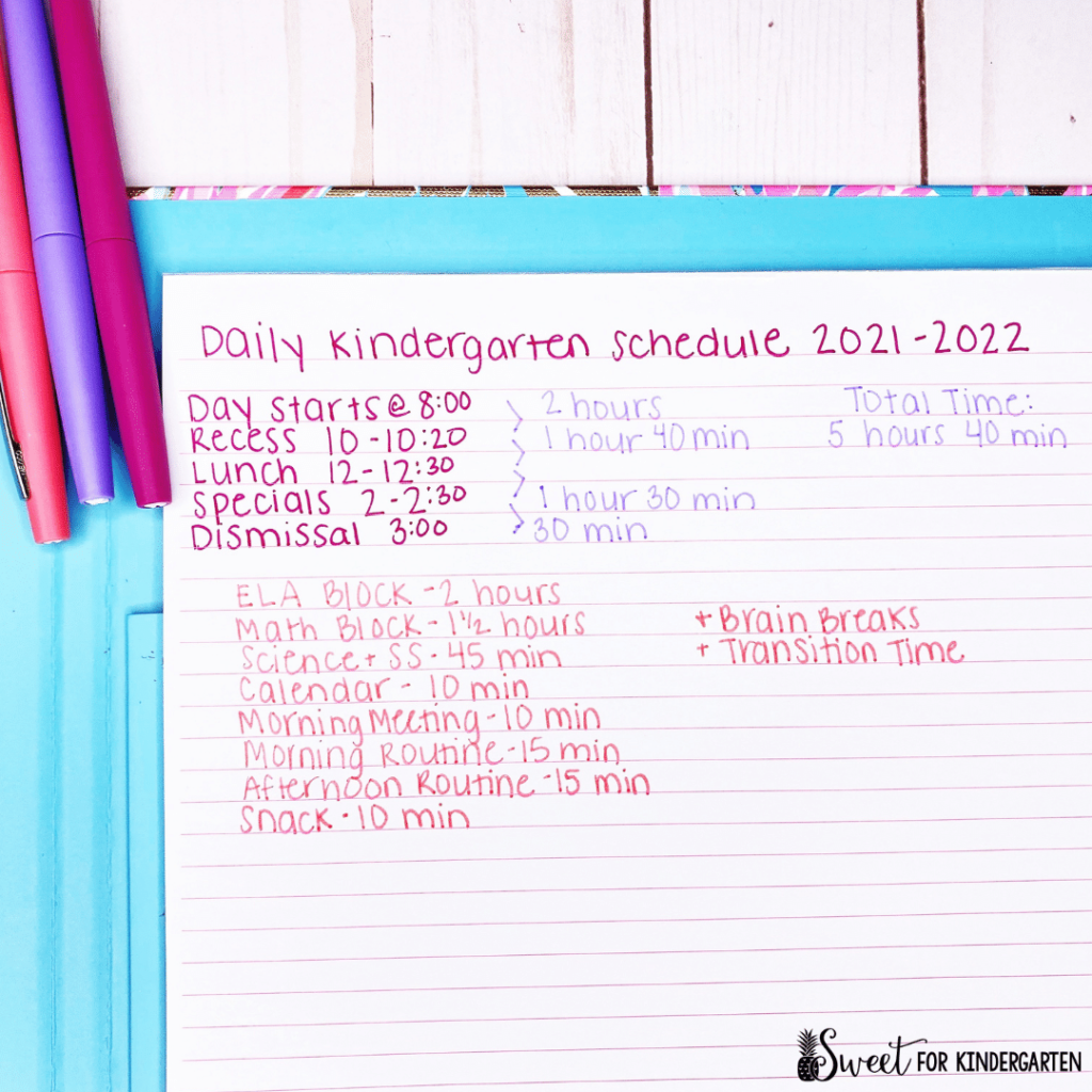 Create a daily schedule in Kindergarten- list out how long each subject will take