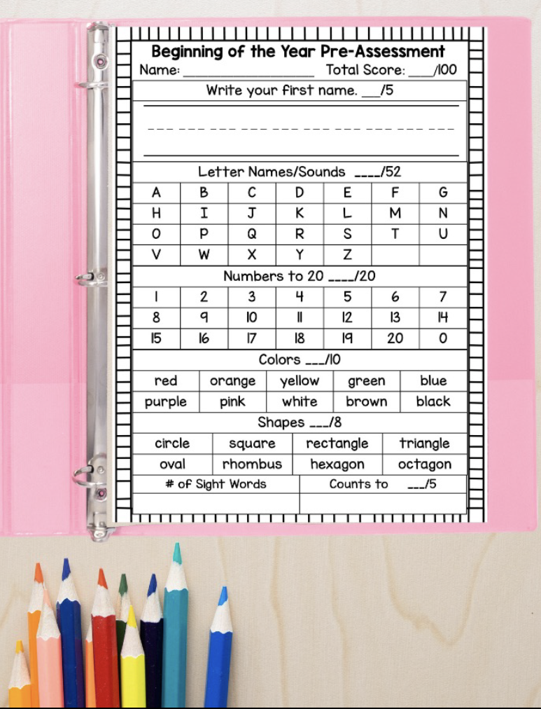 Pre-Assessment Form for Kindergarten