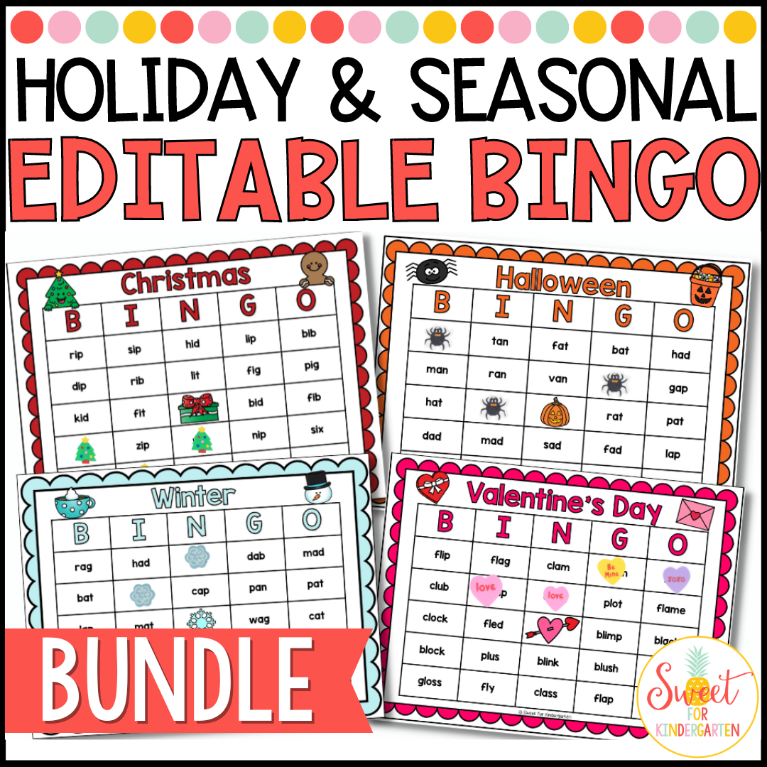 Editable Holiday and Seasonal Bingo Game Template Bundle | Phonics Review Game